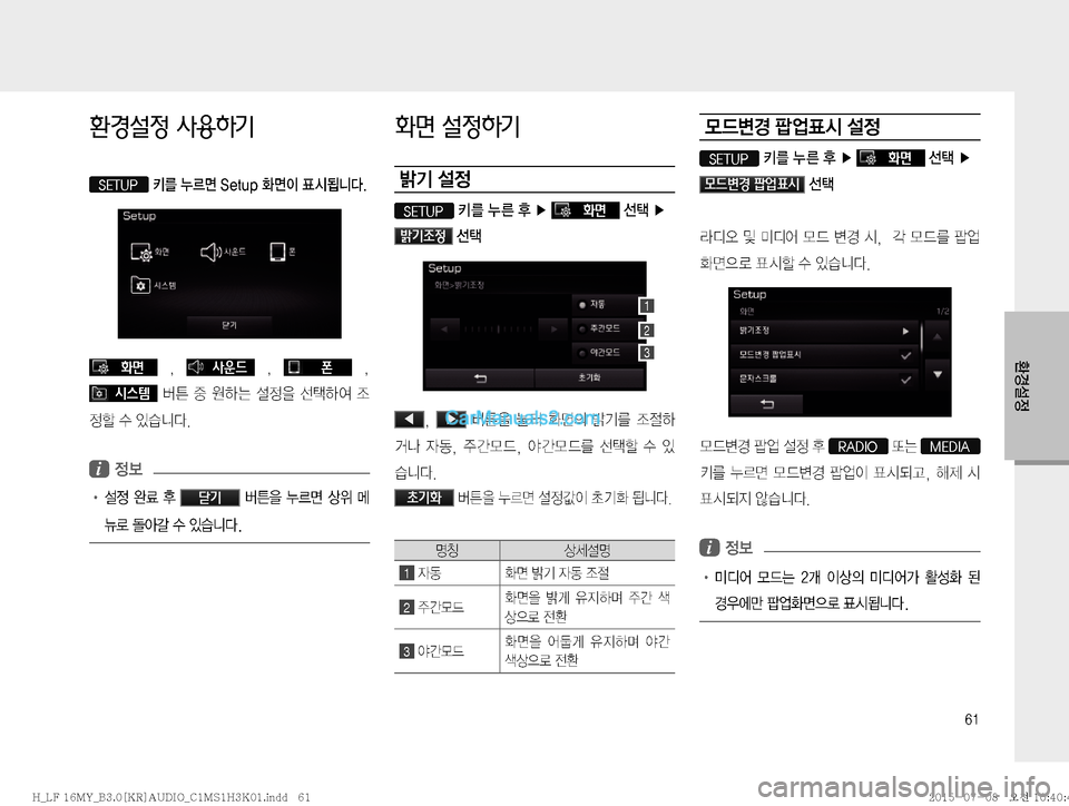 Hyundai Sonata 2015  LF쏘나타 표준3 오디오(B) (in Korean) ��

ƒ¸

환경설정 사용하기
SETUP�3�
