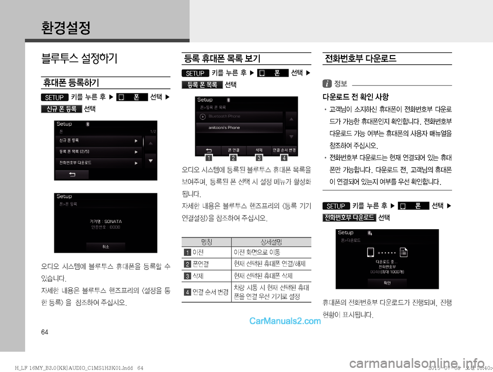 Hyundai Sonata 2015  LF쏘나타 표준3 오디오(B) (in Korean) ��

ƒ¸

블루투스 설정하기

K�