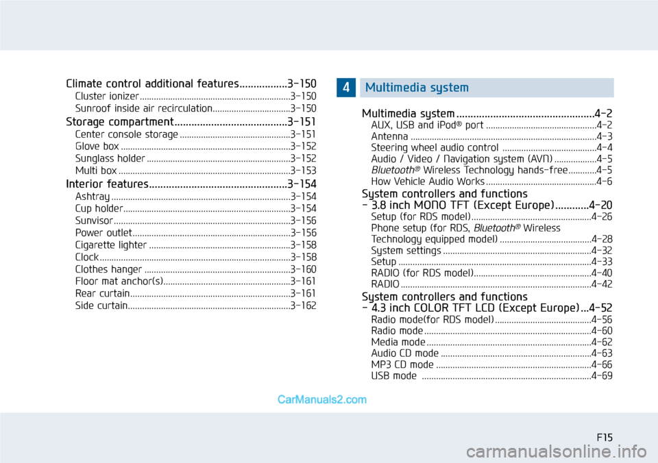 Hyundai Sonata 2014 User Guide F15F15
Climate control additional features.................3-150
Cluster ionizer ................................................................3-150
Sunroof inside air recirculation.................