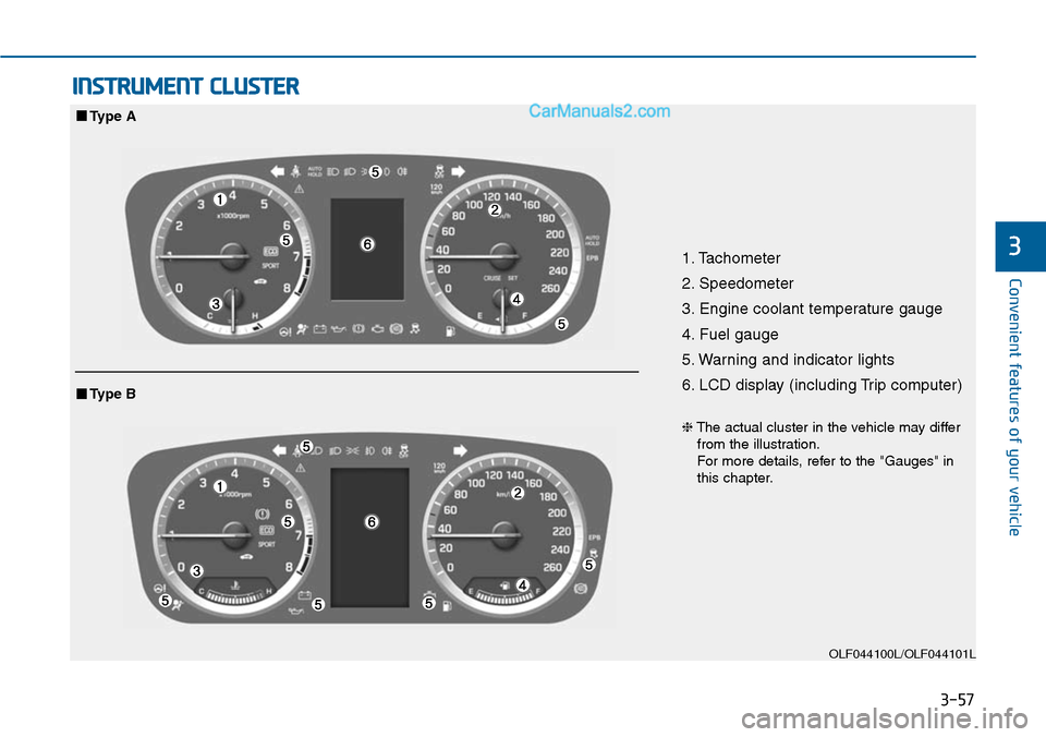 Hyundai Sonata 2014 Owners Manual 3-57
Convenient features of your vehicle
3
INSTRUMENT CLUSTER
1. Tachometer
2. Speedometer
3. Engine coolant temperature gauge
4. Fuel gauge
5. Warning and indicator lights
6. LCD display (including Hyundai Sonata 2014 Owners Manual 3-57
Convenient features of your vehicle
3
INSTRUMENT CLUSTER
1. Tachometer
2. Speedometer
3. Engine coolant temperature gauge
4. Fuel gauge
5. Warning and indicator lights
6. LCD display (including