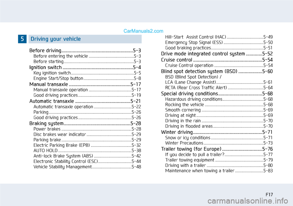 Hyundai Sonata 2014  Owners Manual F17F17
Before driving.........................................................5-3
Before entering the vehicle ...........................................5-3
Before starting............................