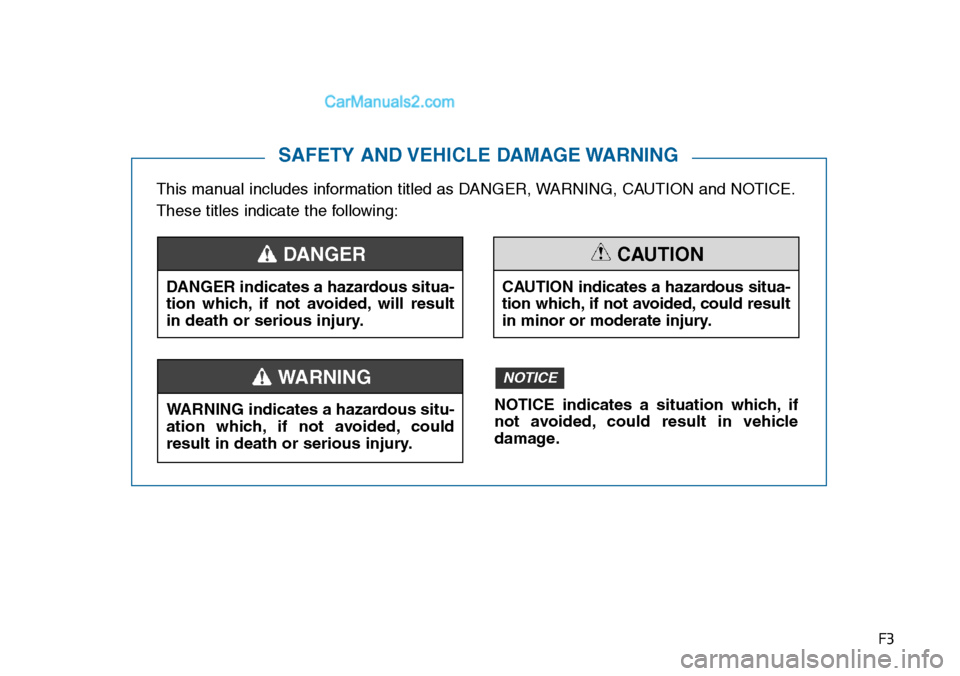 Hyundai Sonata 2014  Owners Manual F3
This manual includes information titled as DANGER, WARNING, CAUTION and NOTICE.
These titles indicate the following:
SAFETY AND VEHICLE DAMAGE WARNING
DANGER indicates a hazardous situa-
tion  whic
