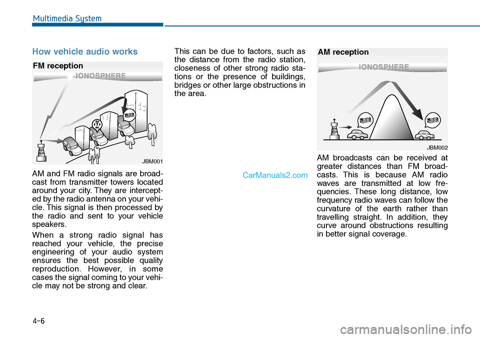 Hyundai Sonata 2014 Owners Manual How vehicle audio works
AM and FM radio signals are broad-
cast from transmitter towers located
around your city. They are intercept-
ed by the radio antenna on your vehi-
cle. This sig Hyundai Sonata 2014 Owners Manual How vehicle audio works
AM and FM radio signals are broad-
cast from transmitter towers located
around your city. They are intercept-
ed by the radio antenna on your vehi-
cle. This sig