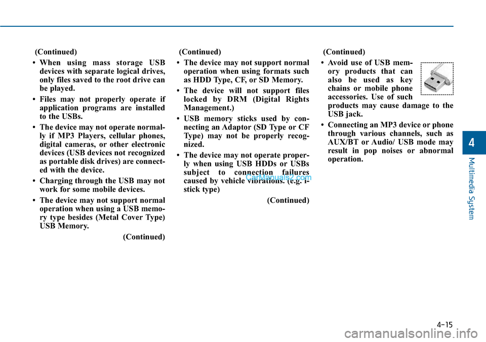 Hyundai Sonata 2014 Owners Manual (Continued)
•When using mass storage USB
devices with separate logical drives,
only files saved to the root drive can
be played.
• Files may not properly operate if
application programs Hyundai Sonata 2014 Owners Manual (Continued)
•When using mass storage USB
devices with separate logical drives,
only files saved to the root drive can
be played.
• Files may not properly operate if
application programs