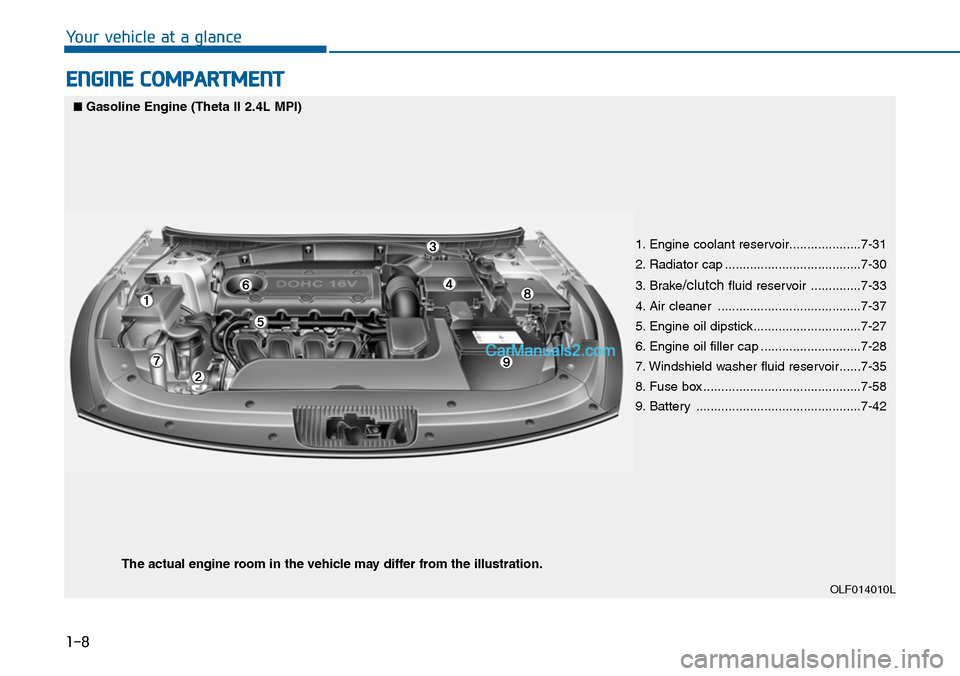 Hyundai Sonata 2014  Owners Manual ENGINE COMPARTMENT
OLF014010L
■Gasoline Engine (Theta II 2.4L MPI)
The actual engine room in the vehicle may differ from the illustration.
Yo u r   v e h i c l e   a t   a   g l a n c e
1-8
1. Engin