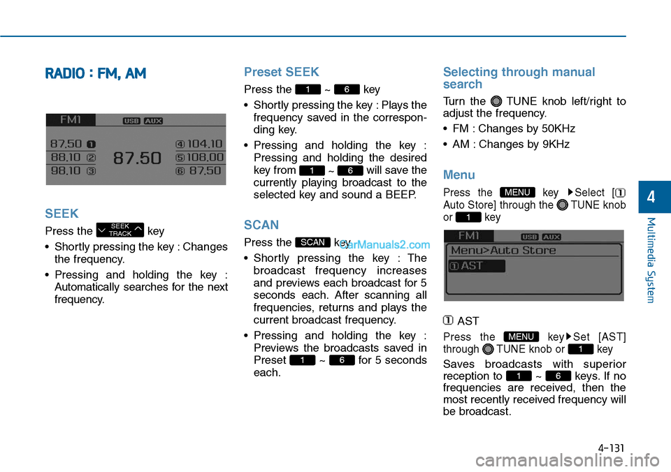 Hyundai Sonata 2014 Owners Manual 4-131
Multimedia System
4
RADIO : FM, AM
SEEK
Press the key
•Shortly pressing the key :Changes
the frequency.
•Pressing and holding the key :
Automatically searches for the next
frequency.
Hyundai Sonata 2014 Owners Manual 4-131
Multimedia System
4
RADIO : FM, AM
SEEK
Press the key
•Shortly pressing the key :Changes
the frequency.
•Pressing and holding the key :
Automatically searches for the next
frequency.