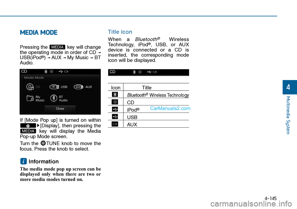 Hyundai Sonata 2014  Owners Manual MEDIA MODE
Pressing the  key will change
the operating mode in order of CD ➟
USB(iPod®) ➟ AUX ➟ My Music ➟BT
Audio.
If  [Mode  Pop  up]  is  turned  on  within
[Display],  then  pressing  the