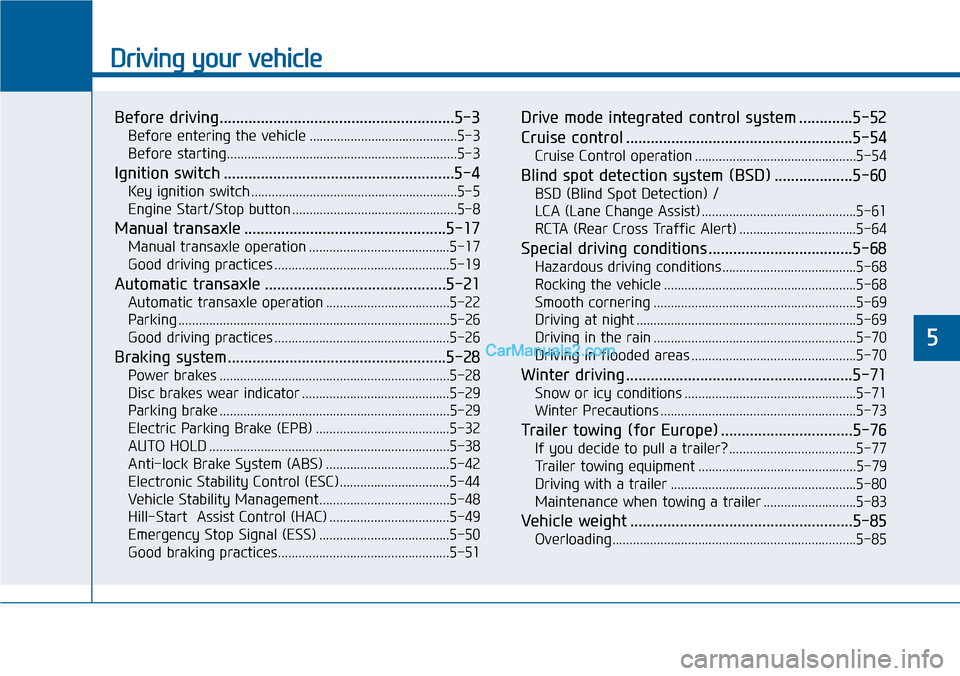 Hyundai Sonata 2014  Owners Manual Driving your vehicle
Before driving.........................................................5-3
Before entering the vehicle ...........................................5-3
Before starting..............