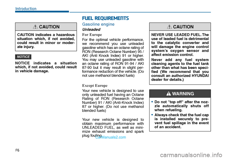 Hyundai Sonata 2014  Owners Manual F6
Introduction
NOTICE  indicates  a  situation
which, if  not  avoided, could  result
in vehicle damage.
Gasoline engine
Unleaded
For Europe
For  the  optimal  vehicle  perfor mance,
we  recommend  y