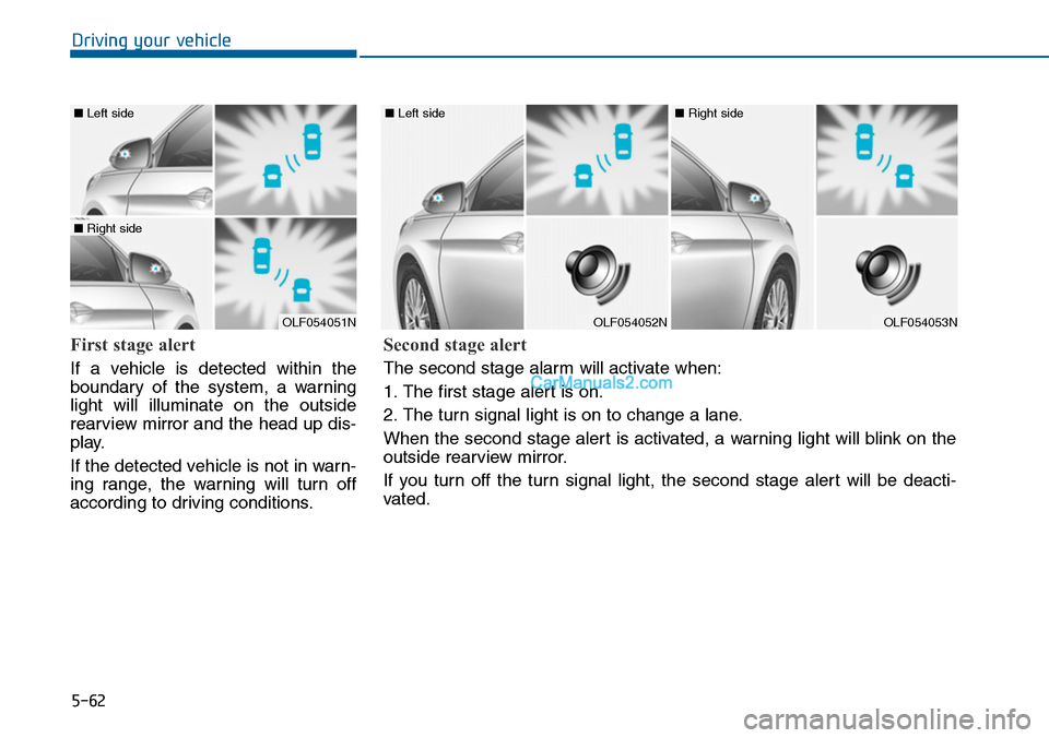 Hyundai Sonata 2014 Owners Manual 5-62
Driving your vehicle
First stage alert
If a vehicle is detected within the
boundary of the system, a warning
light will illuminate on the outside
rearview mirror and the head up d Hyundai Sonata 2014 Owners Manual 5-62
Driving your vehicle
First stage alert
If a vehicle is detected within the
boundary of the system, a warning
light will illuminate on the outside
rearview mirror and the head up d