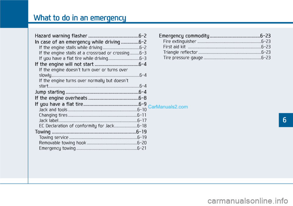 Hyundai Sonata 2014 Owners Manual What to do in an emergency
Hazard warning flasher ........................................6-2
In case of an emergency while driving ..............6-2
If the engine stalls while driving ............... Hyundai Sonata 2014 Owners Manual What to do in an emergency
Hazard warning flasher ........................................6-2
In case of an emergency while driving ..............6-2
If the engine stalls while driving ...............