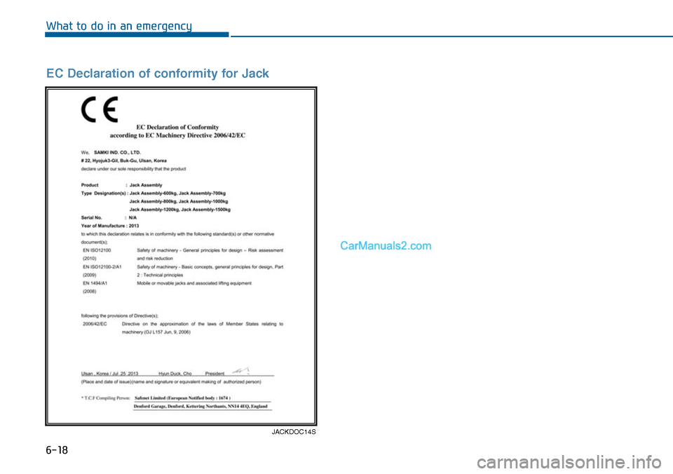 Hyundai Sonata 2014 Owners Manual 6-18
What to do in an emergency
JACKDOC14S
EC Declaration of conformity for Jack Hyundai Sonata 2014 Owners Manual 6-18
What to do in an emergency
JACKDOC14S
EC Declaration of conformity for Jack