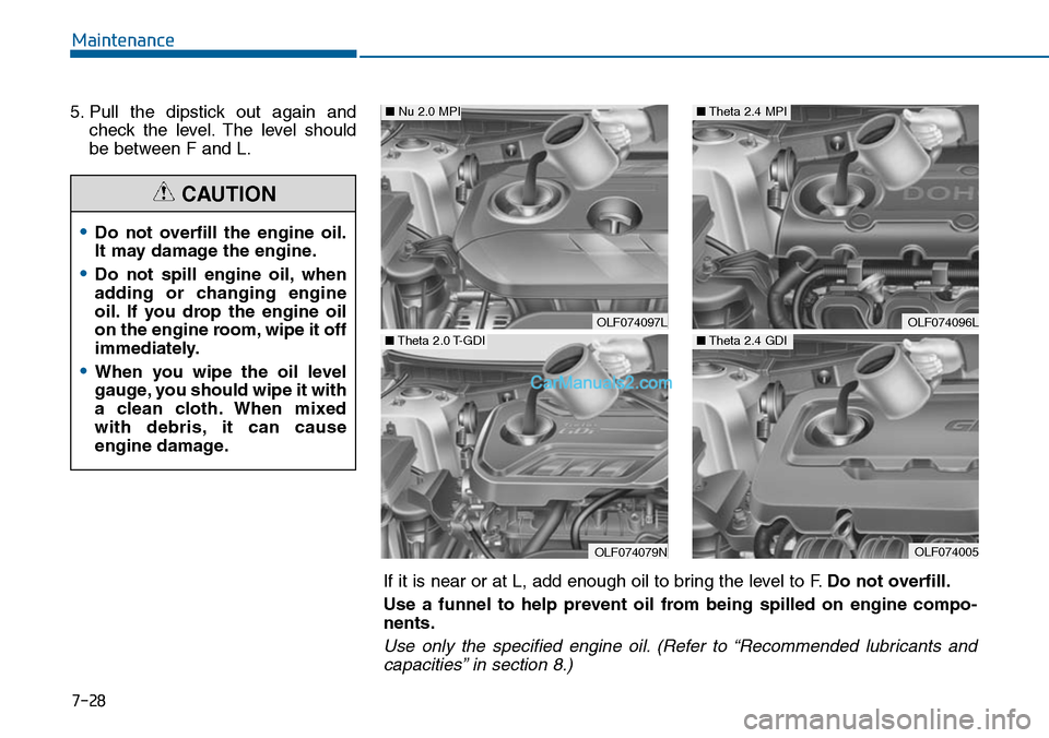 Hyundai Sonata 2014 Owners Manual 7-28
Maintenance
5. Pull the dipstick out again and
check the level. The level should
be between F and L.
•Do not overfill the engine oil.
It may damage the engine.
•Do not spill Hyundai Sonata 2014 Owners Manual 7-28
Maintenance
5. Pull the dipstick out again and
check the level. The level should
be between F and L.
•Do not overfill the engine oil.
It may damage the engine.
•Do not spill