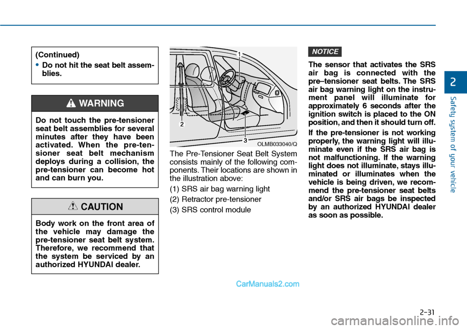 Hyundai Sonata 2014 Workshop Manual 2-31
Safety system of your vehicle
2
The Pre-Tensioner Seat Belt System
consists mainly of the following com-
ponents. Their locations are shown in
the illustration above:
(1) SRS air bag war Hyundai Sonata 2014 Workshop Manual 2-31
Safety system of your vehicle
2
The Pre-Tensioner Seat Belt System
consists mainly of the following com-
ponents. Their locations are shown in
the illustration above:
(1) SRS air bag war