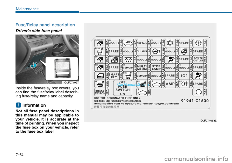Hyundai Sonata 2014 Owners Manual 7-64
Maintenance
Fuse/Relay panel description
Driver’s side fuse panel
Inside the fuse/relay box covers, you
can find the fuse/relay label describ-
ing fuse/relay name and capacity.
Information Hyundai Sonata 2014 Owners Manual 7-64
Maintenance
Fuse/Relay panel description
Driver’s side fuse panel
Inside the fuse/relay box covers, you
can find the fuse/relay label describ-
ing fuse/relay name and capacity.
Information
