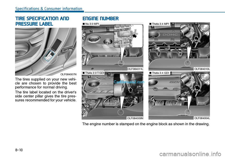 Hyundai Sonata 2014 Owners Manual 8-10
Specifications & Consumer information
The tires supplied on your new vehi-
cle are chosen to provide the best
performance for normal driving.
The tire label located on the drivers
si Hyundai Sonata 2014 Owners Manual 8-10
Specifications & Consumer information
The tires supplied on your new vehi-
cle are chosen to provide the best
performance for normal driving.
The tire label located on the drivers
si