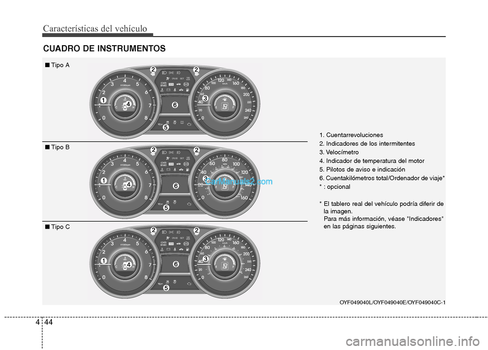 Hyundai Sonata 2014 Manual del propietario (in Spanish) Características del vehículo
44 4
CUADRO DE INSTRUMENTOS
OYF049040L/OYF049040E/OYF049040C-1
■Tipo A
■Tipo B
■Tipo C
1. Cuentarrevoluciones
2. Indicadores de los intermitentes
3. Velocímetro
4 Hyundai Sonata 2014 Manual del propietario (in Spanish) Características del vehículo
44 4
CUADRO DE INSTRUMENTOS
OYF049040L/OYF049040E/OYF049040C-1
■Tipo A
■Tipo B
■Tipo C
1. Cuentarrevoluciones
2. Indicadores de los intermitentes
3. Velocímetro
4