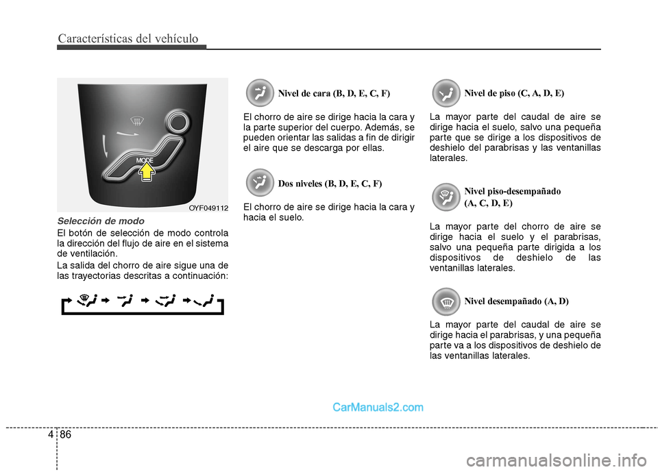 Hyundai Sonata 2014 Manual del propietario (in Spanish) Características del vehículo
86 4
Selección de modo
El botón de selección de modo controla
la dirección del flujo de aire en el sistema
de ventilación.
La salida del chorro de aire sigue una de Hyundai Sonata 2014 Manual del propietario (in Spanish) Características del vehículo
86 4
Selección de modo
El botón de selección de modo controla
la dirección del flujo de aire en el sistema
de ventilación.
La salida del chorro de aire sigue una de