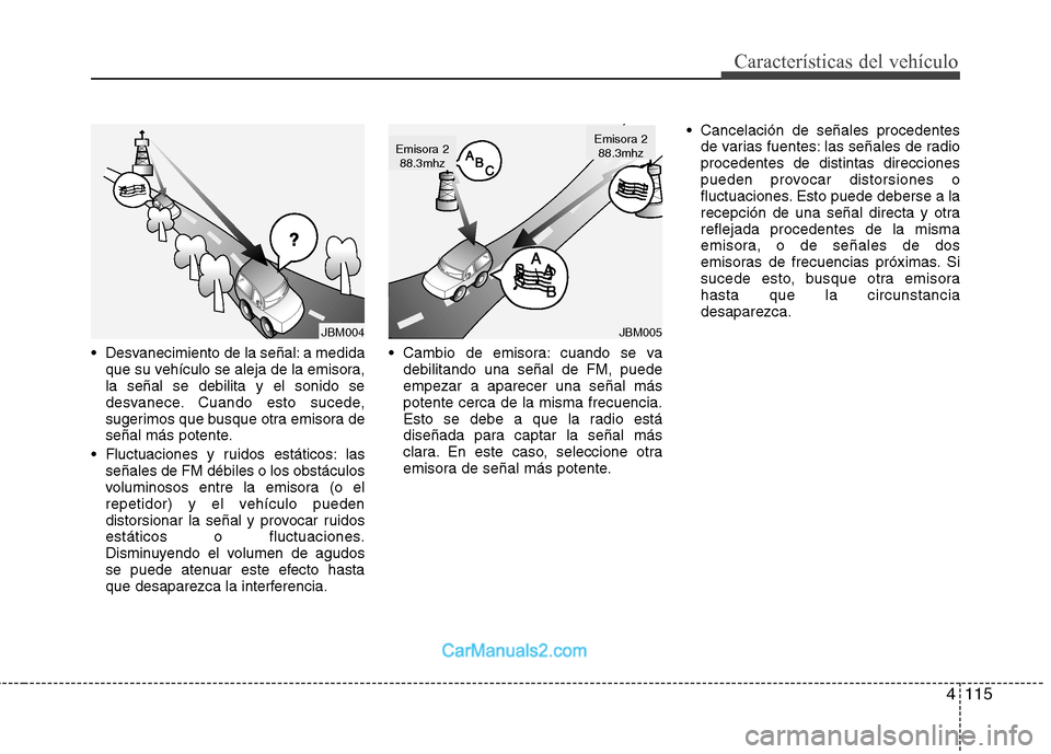 Hyundai Sonata 2014 Manual del propietario (in Spanish) 4115
Características del vehículo
Desvanecimiento de la señal: a medida
que su vehículo se aleja de la emisora,
la señal se debilita y el sonido se
desvanece. Cuando esto sucede,
sugerimos que b Hyundai Sonata 2014 Manual del propietario (in Spanish) 4115
Características del vehículo
Desvanecimiento de la señal: a medida
que su vehículo se aleja de la emisora,
la señal se debilita y el sonido se
desvanece. Cuando esto sucede,
sugerimos que b