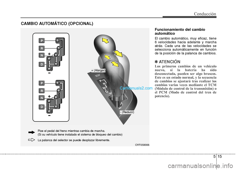 Hyundai Sonata 2014 Manual del propietario (in Spanish) 515
Conducción
Funcionamiento del cambio
automático
El cambio automático, muy eficaz, tiene
6 velocidades hacia adelante y marcha
atrás. Cada una de las velocidades se
selecciona automáticamente Hyundai Sonata 2014 Manual del propietario (in Spanish) 515
Conducción
Funcionamiento del cambio
automático
El cambio automático, muy eficaz, tiene
6 velocidades hacia adelante y marcha
atrás. Cada una de las velocidades se
selecciona automáticamente
