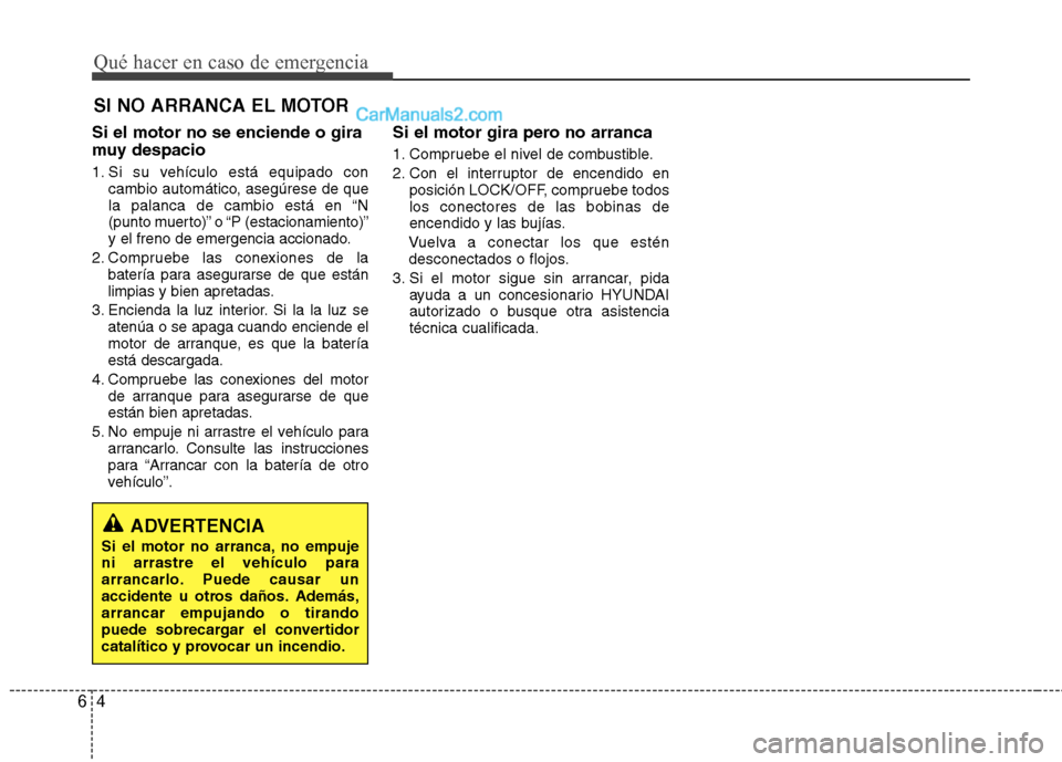 Hyundai Sonata 2014 Manual del propietario (in Spanish) Qué hacer en caso de emergencia
4 6
SI NO ARRANCA EL MOTOR
Si el motor no se enciende o gira
muy despacio
1. Si su vehículo está equipado con
cambio automático, asegúrese de que
la palanca de ca Hyundai Sonata 2014 Manual del propietario (in Spanish) Qué hacer en caso de emergencia
4 6
SI NO ARRANCA EL MOTOR
Si el motor no se enciende o gira
muy despacio
1. Si su vehículo está equipado con
cambio automático, asegúrese de que
la palanca de ca