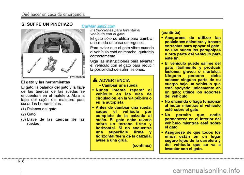 Hyundai Sonata 2014 Manual del propietario (in Spanish) Qué hacer en caso de emergencia
8 6
SI SUFRE UN PINCHAZO
El gato y las herramientas
El gato, la palanca del gato y la llave
de las tuercas de las ruedas se
encuentran en el maletero. Abra la
tapa del Hyundai Sonata 2014 Manual del propietario (in Spanish) Qué hacer en caso de emergencia
8 6
SI SUFRE UN PINCHAZO
El gato y las herramientas
El gato, la palanca del gato y la llave
de las tuercas de las ruedas se
encuentran en el maletero. Abra la
tapa del