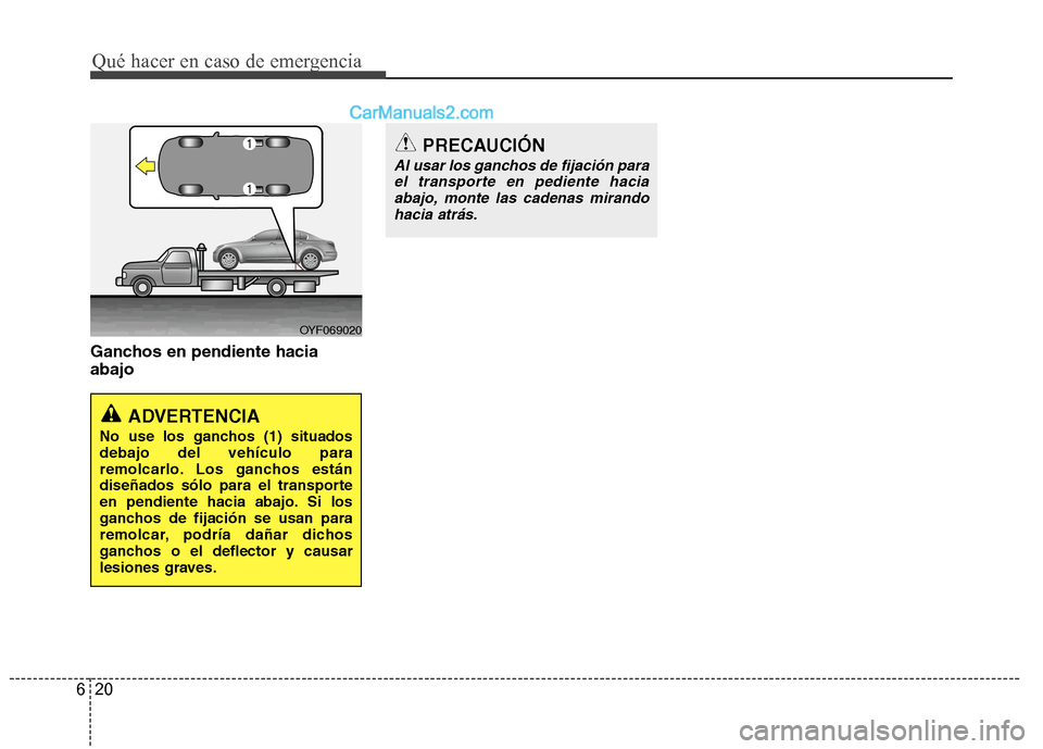 Hyundai Sonata 2014 Manual del propietario (in Spanish) Qué hacer en caso de emergencia
20 6
Ganchos en pendiente hacia
abajo
PRECAUCIÓN
Al usar los ganchos de fijación para
el transporte en pediente hacia
abajo, monte las cadenas mirando
hacia atrás.
Hyundai Sonata 2014 Manual del propietario (in Spanish) Qué hacer en caso de emergencia
20 6
Ganchos en pendiente hacia
abajo
PRECAUCIÓN
Al usar los ganchos de fijación para
el transporte en pediente hacia
abajo, monte las cadenas mirando
hacia atrás.