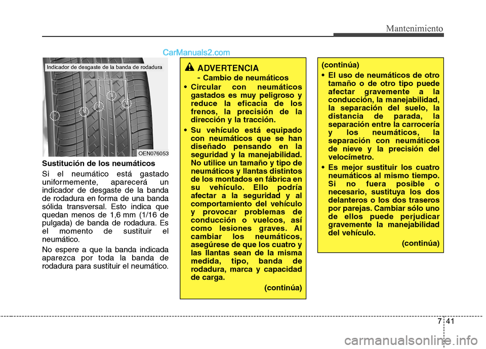 Hyundai Sonata 2014 Manual del propietario (in Spanish) 741
Mantenimiento
Sustitución de los neumáticos
Si el neumático está gastado
uniformemente, aparecerá un
indicador de desgaste de la banda
de rodadura en forma de una banda
sólida transversal. E Hyundai Sonata 2014 Manual del propietario (in Spanish) 741
Mantenimiento
Sustitución de los neumáticos
Si el neumático está gastado
uniformemente, aparecerá un
indicador de desgaste de la banda
de rodadura en forma de una banda
sólida transversal. E