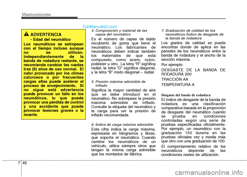 Hyundai Sonata 2014 Manual del propietario (in Spanish) Mantenimiento
46 7
4. Composición y material de las
capas del neumático
Es el número de capas de tejido
recubierto de goma que tiene el
neumático. Los fabricantes de
neumáticos deben indicar tamb Hyundai Sonata 2014 Manual del propietario (in Spanish) Mantenimiento
46 7
4. Composición y material de las
capas del neumático
Es el número de capas de tejido
recubierto de goma que tiene el
neumático. Los fabricantes de
neumáticos deben indicar tamb