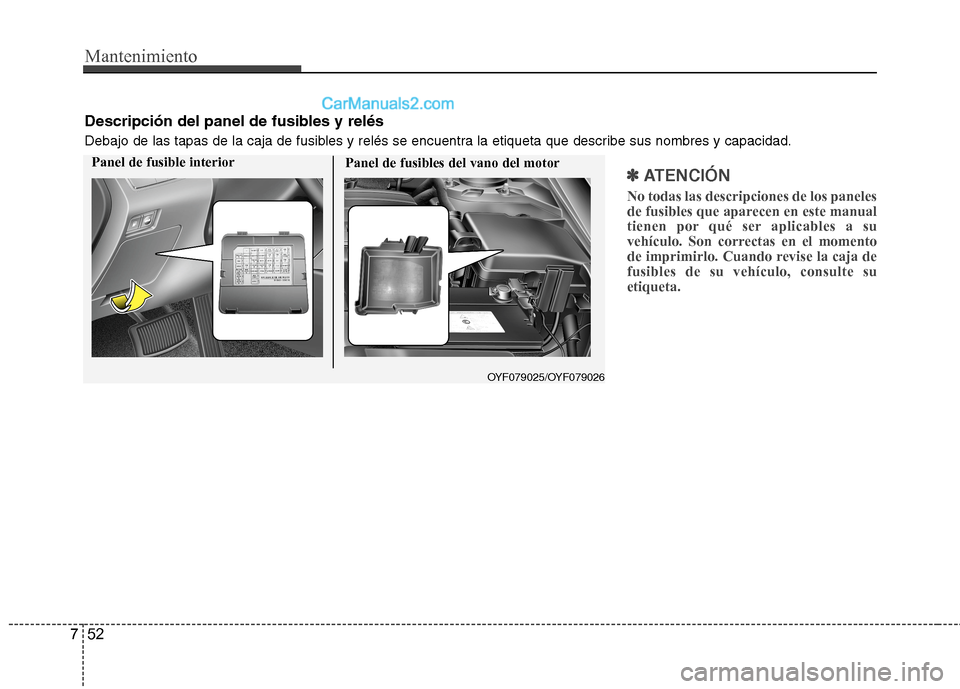 Hyundai Sonata 2014 Manual del propietario (in Spanish) Mantenimiento
52 7
✽
✽
ATENCIÓN
No todas las descripciones de los paneles
de fusibles que aparecen en este manual
tienen por qué ser aplicables a su
vehículo. Son correctas en el momento
de Hyundai Sonata 2014 Manual del propietario (in Spanish) Mantenimiento
52 7
✽
✽
ATENCIÓN
No todas las descripciones de los paneles
de fusibles que aparecen en este manual
tienen por qué ser aplicables a su
vehículo. Son correctas en el momento
de