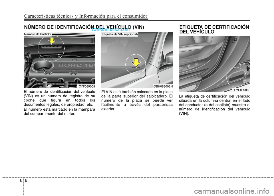 Hyundai Sonata 2014  Manual del propietario (in Spanish) 6 8
Características técnicas y Información para el consumidor
El número de identificación del vehículo
(VIN) es un número de registro de su
coche que figura en todos los
documentos legales, de 