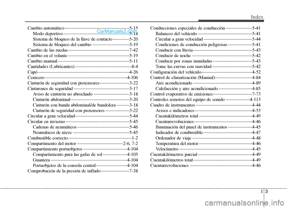 Hyundai Sonata 2014 Manual del propietario (in Spanish) I3
Index
Cambio automático ························································5-15
Modo deportivo ···················· Hyundai Sonata 2014 Manual del propietario (in Spanish) I3
Index
Cambio automático ························································5-15
Modo deportivo ····················