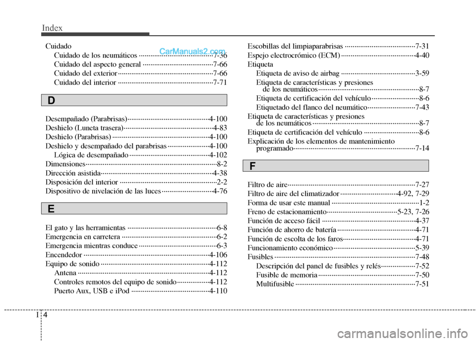 Hyundai Sonata 2014  Manual del propietario (in Spanish) Index
4I
Cuidado
Cuidado de los neumáticos ·······································7-36
Cuidado del aspecto general ······················�