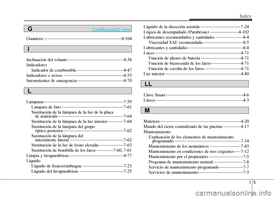 Hyundai Sonata 2014 Manual del propietario (in Spanish) I5
Index
Guantera ·······································································4-104
Inclinación del volante····· Hyundai Sonata 2014 Manual del propietario (in Spanish) I5
Index
Guantera ·······································································4-104
Inclinación del volante·····