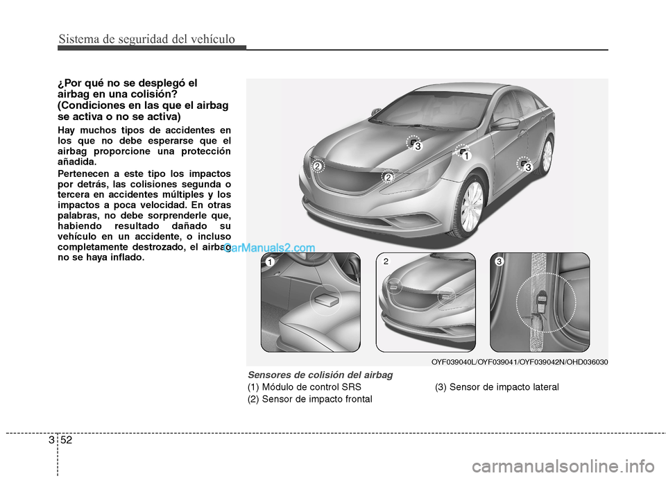 Hyundai Sonata 2014  Manual del propietario (in Spanish) Sistema de seguridad del vehículo
52 3
¿Por qué no se desplegó el
airbag en una colisión?
(Condiciones en las que el airbag
se activa o no se activa)
Hay muchos tipos de accidentes en
los que no 