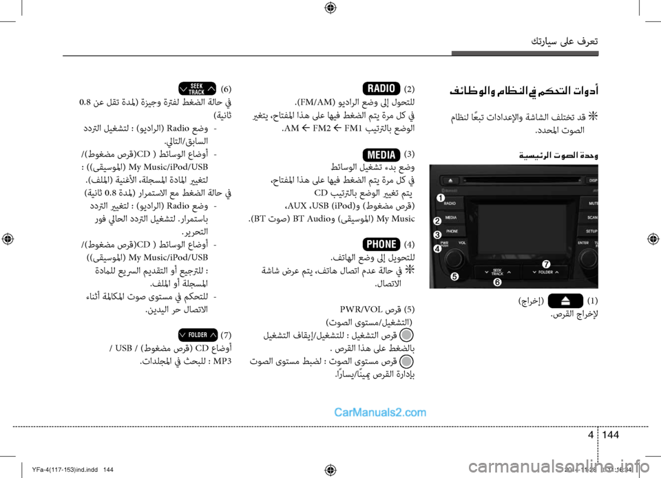 Hyundai Sonata 2014  دليل المالك التنزيل كترايس لىع فرعت
144 
4
فئاظولاو ماظنلا في مكحتلا تاودأ
 ماظنل ا ًعبت تادادعلإا\f ةشاشلا فلتخت دق  
g
.ددحلما توصلا
ة