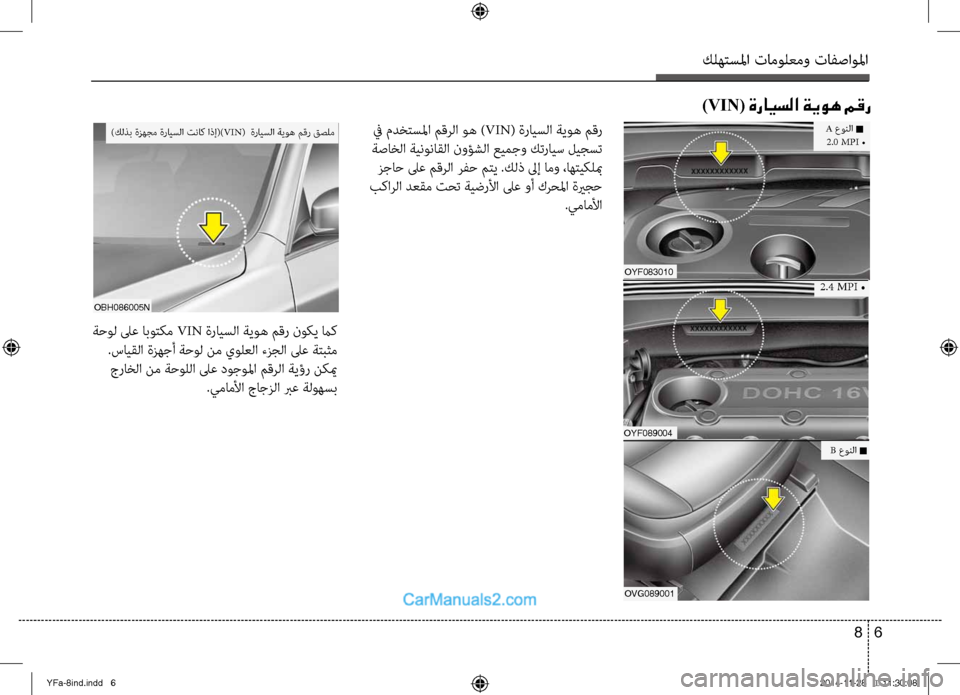 Hyundai Sonata 2014  دليل المالك التنزيل كلهتسلما تامولعمو تافصاولما
6 
8
A عونلا n2.0 MPI •
OYF083010
OYF089004
2.4 MPI •
)VIN( ةرايسلا ةيوه مقر
)كلذ\b ةزهجم ةرايسلا تناك ا