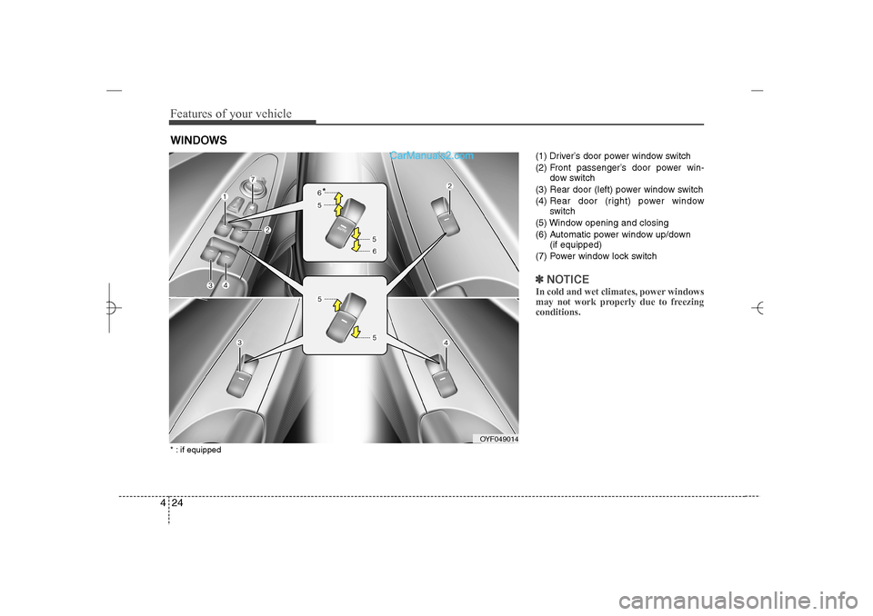 Hyundai Sonata 2013  Owners Manual Features of your vehicle24 4
(1) Driver’s door power window switch
(2) Front passenger’s door power win-
dow switch
(3) Rear door (left) power window switch
(4) Rear door (right) power window
swit