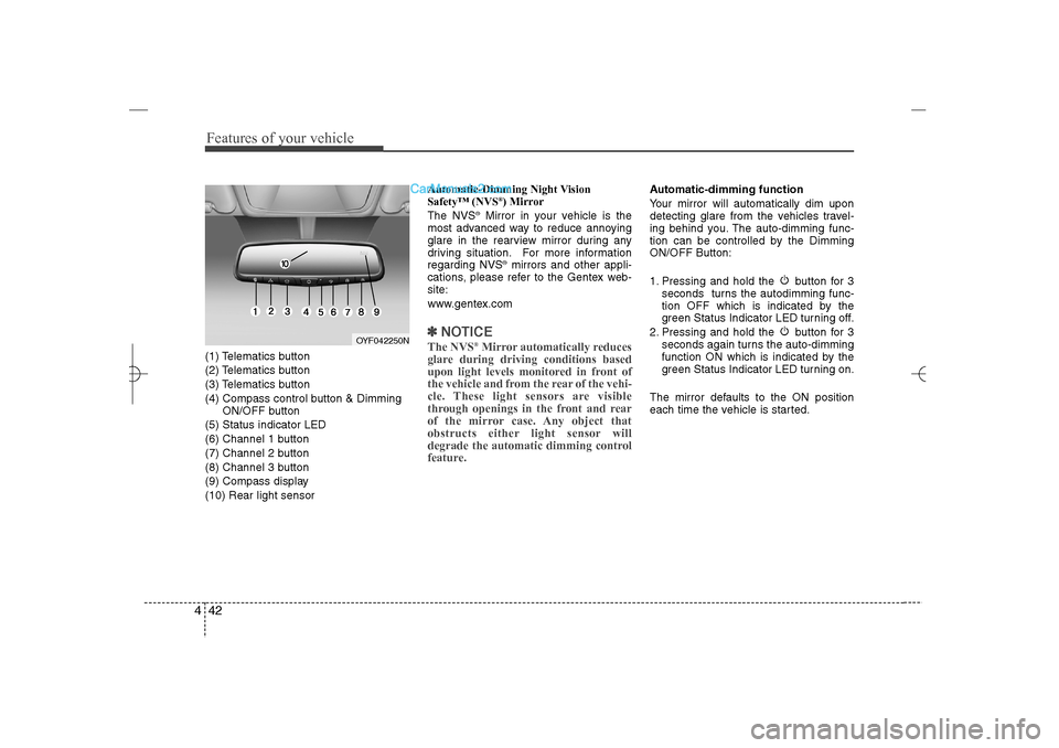 Hyundai Sonata 2013  Owners Manual Features of your vehicle42 4(1) Telematics button
(2) Telematics button
(3) Telematics button
(4) Compass control button & Dimming 
ON/OFF button
(5) Status indicator LED
(6) Channel 1 button
(7) Chan