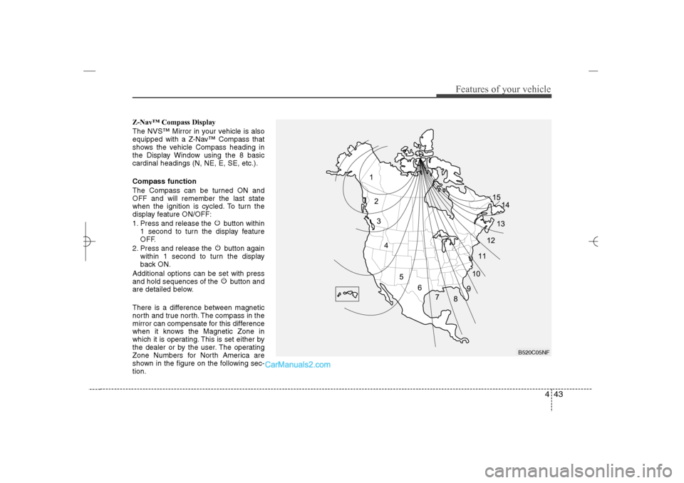 Hyundai Sonata 2013  Owners Manual 443
Features of your vehicle
Z-Nav™ Compass Display
The NVS™ Mirror in your vehicle is also
equipped with a Z-Nav™ Compass that
shows the vehicle Compass heading in
the Display Window using the 
