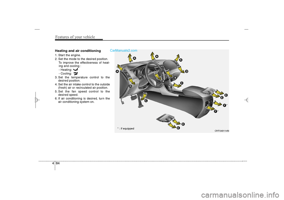 Hyundai Sonata 2013  Owners Manual Features of your vehicle84 4Heating and air conditioning1. Start the engine.
2. Set the mode to the desired position.
To improve the effectiveness of heat-
ing and cooling :
- Heating:
- Cooling:
3. S