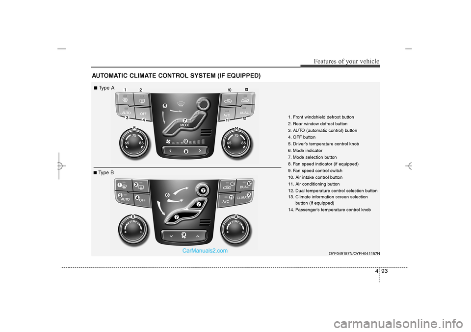 Hyundai Sonata 2013  Owners Manual 493
Features of your vehicle
AUTOMATIC CLIMATE CONTROL SYSTEM (IF EQUIPPED)
1. Front windshield defrost button
2. Rear window defrost button
3. AUTO (automatic control) button
4. OFF button
5. Driver�