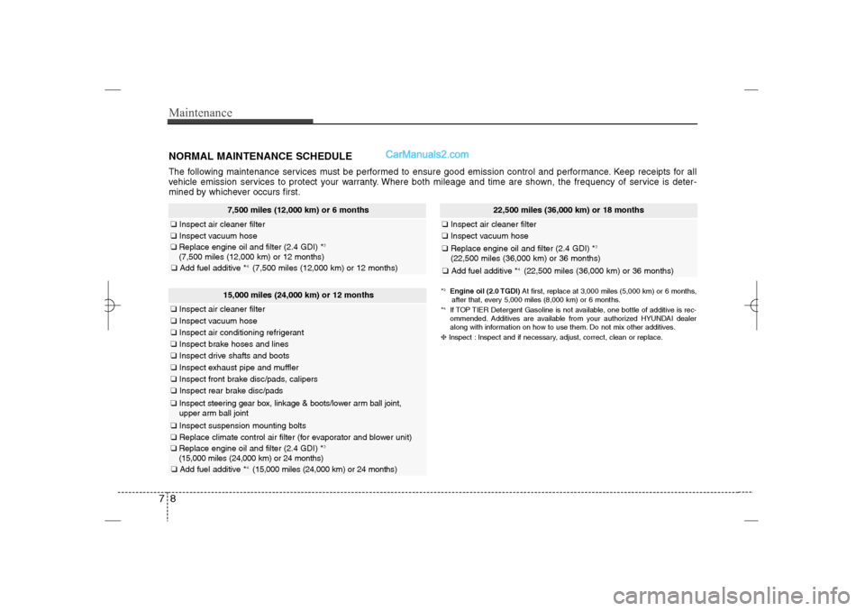 Hyundai Sonata 2013  Owners Manual Maintenance8 7NORMAL MAINTENANCE SCHEDULEThe following maintenance services must be performed to ensure good emission control and performance. Keep receipts for all
vehicle emission services to protec