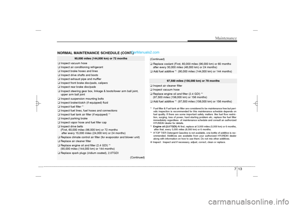 Hyundai Sonata 2013  Owners Manual 713
Maintenance
NORMAL MAINTENANCE SCHEDULE (CONT.)
97,500 miles (156,000 km) or 78 months
❑Inspect air cleaner filter❑Inspect vacuum hose❑Replace engine oil and filter (2.4 GDI) *
3
(97,500 mil