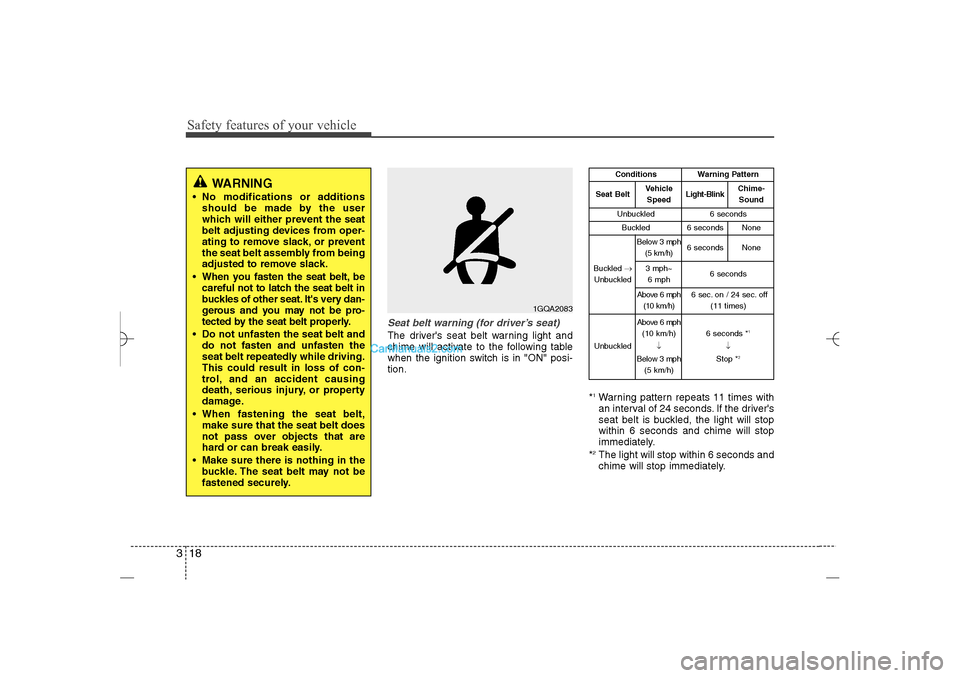 Hyundai Sonata 2013  Owners Manual Safety features of your vehicle18 3
Seat belt warning (for driver’s seat)The drivers seat belt warning light and
chime will activate to the following table
when the ignition switch is in "ON" posi-