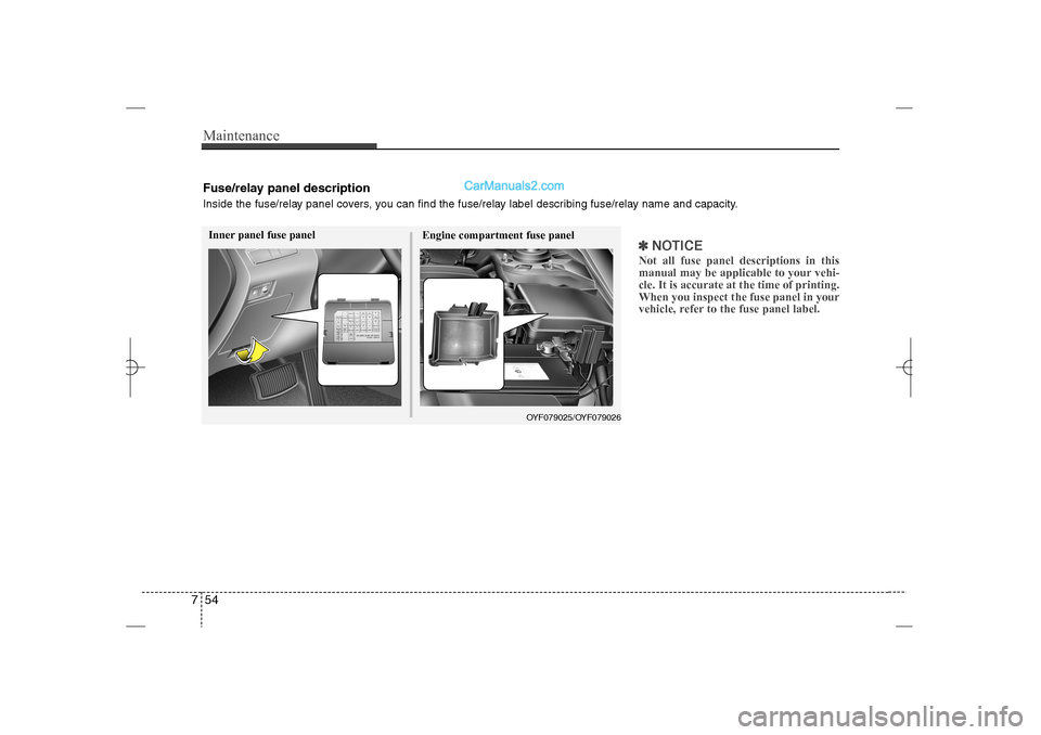 Hyundai Sonata 2013 Maintenance54 7
✽
✽
NOTICENot all fuse panel descriptions in this
manual may be applicable to your vehi-
cle. It is accurate at the time of printing.
When you inspect the fuse panel in your
vehicl