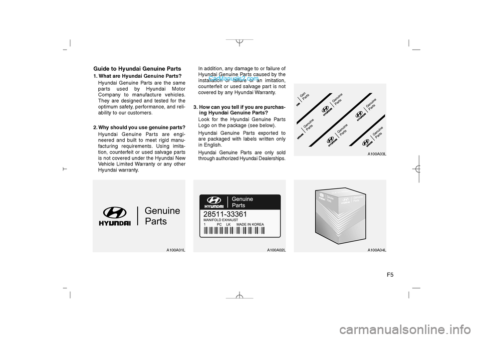 Hyundai Sonata 2013 F5 Guide to Hyundai Genuine Parts
1. What are Hyundai Genuine Parts?
Hyundai Genuine Parts are the same
parts used by Hyundai Motor
Company to manufacture vehicles.
They are designed and tested for th Hyundai Sonata 2013 F5 Guide to Hyundai Genuine Parts
1. What are Hyundai Genuine Parts?
Hyundai Genuine Parts are the same
parts used by Hyundai Motor
Company to manufacture vehicles.
They are designed and tested for th