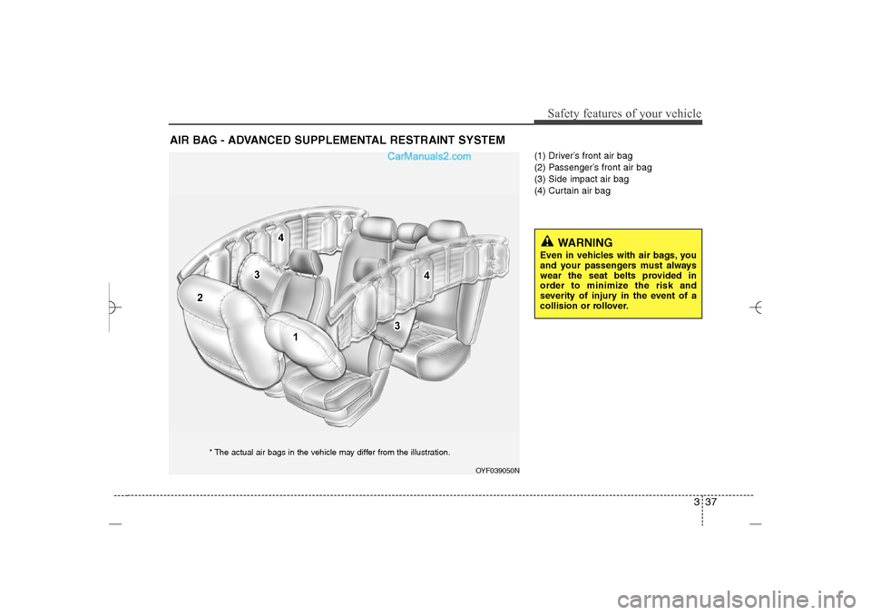 Hyundai Sonata 2013 Workshop Manual 337
Safety features of your vehicle
(1) Driver’s front air bag
(2) Passenger’s front air bag
(3) Side impact air bag
(4) Curtain air bag
AIR BAG - ADVANCED SUPPLEMENTAL RESTRAINT SYSTEM
OYF039050 Hyundai Sonata 2013 Workshop Manual 337
Safety features of your vehicle
(1) Driver’s front air bag
(2) Passenger’s front air bag
(3) Side impact air bag
(4) Curtain air bag
AIR BAG - ADVANCED SUPPLEMENTAL RESTRAINT SYSTEM
OYF039050