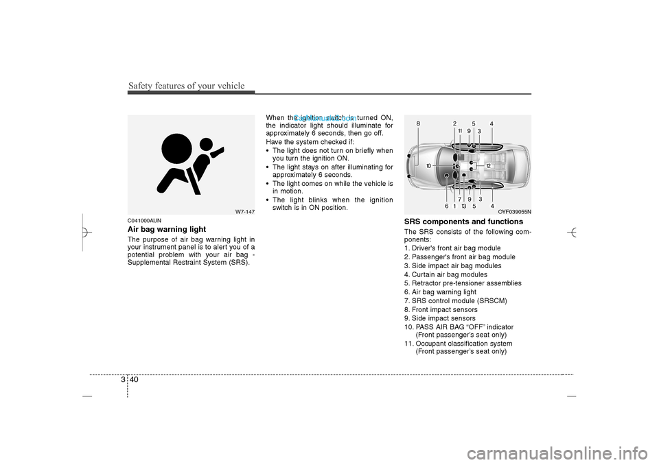 Hyundai Sonata 2013  Owners Manual Safety features of your vehicle40 3C041000AUNAir bag warning lightThe purpose of air bag warning light in
your instrument panel is to alert you of a
potential problem with your air bag -
Supplemental 