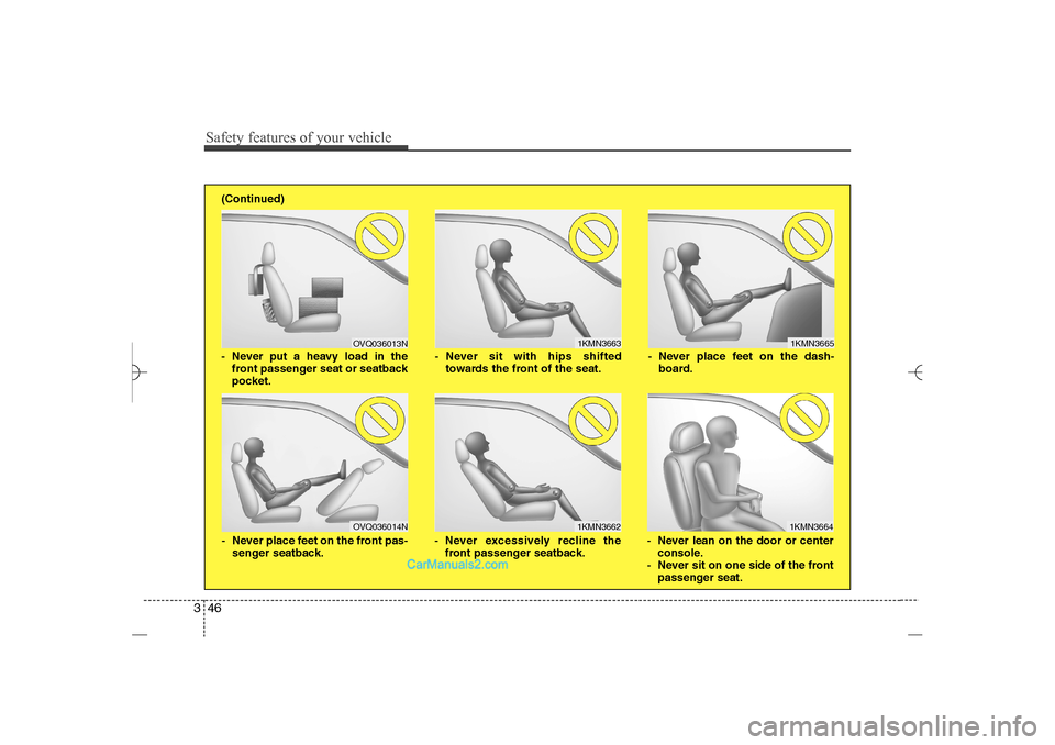 Hyundai Sonata 2013  Owners Manual Safety features of your vehicle46 3
1KMN3663
1KMN36641KMN3665
- Never sit with hips shifted
towards the front of the seat.
- Never lean on the door or center
console.
- Never sit on one side of the fr